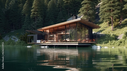 Modern cabin house floating above the lake