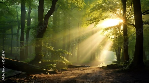 a forest with trees and sunlight