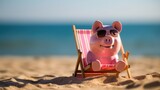 Pink piggy bank with sunglasses on deck chair at beach. Generative AI