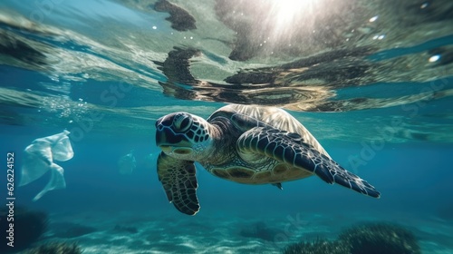 Turtle and plastic pollution in the ocean. Generative AI    © Fly Frames