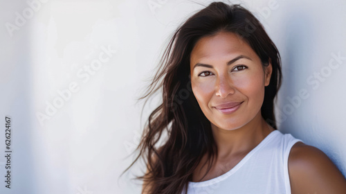 35 year old brunette woman in white top posing against a white wall.