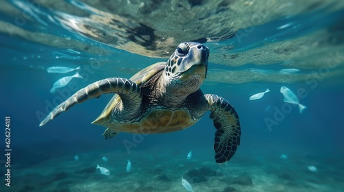Turtle and plastic pollution in the ocean. Generative AI 