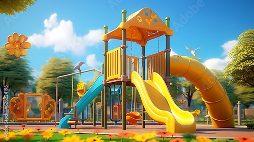 a colorful playground with trees