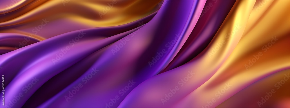 Futuristic Elegance - Abstract 3D Wave with Bright Gold and Purple Gradient Silk Fabric, Web Banner