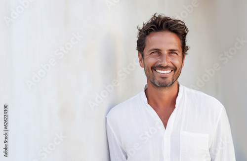 Tanned 40 year old man in white shirt leaning on a white wall.