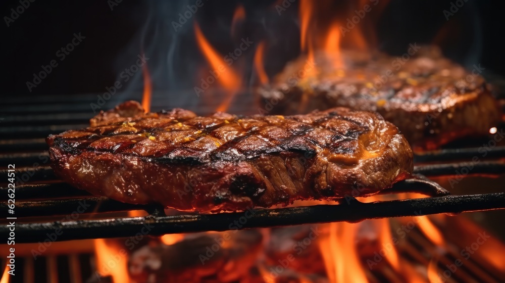Juicy grilled steak from angus with spices and herbs on cutting board. Generative AIv Juicy grilled steak from angus with spices and herbs on cutting board. Generative AIv