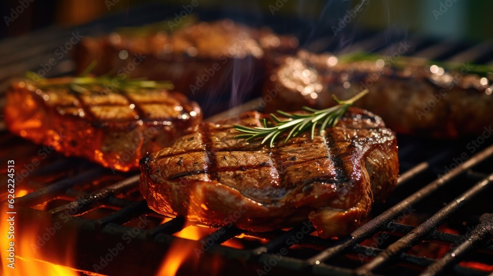 Juicy grilled steak from angus with spices and herbs on cutting board. Generative AIv Juicy grilled steak from angus with spices and herbs on cutting board. Generative AIv