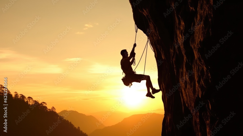 Silhouette of Athletic man climbs an overhanging rock. Generative AI Silhouette of Athletic man climbs an overhanging rock. Generative AI