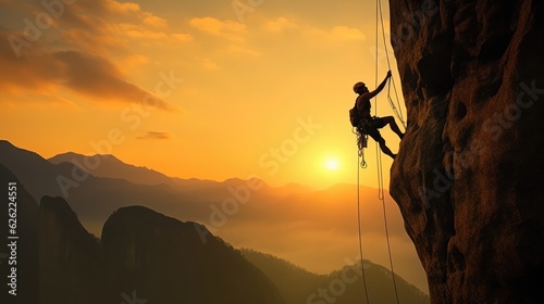 Silhouette of Athletic man climbs an overhanging rock. Generative AI © Fly Frames