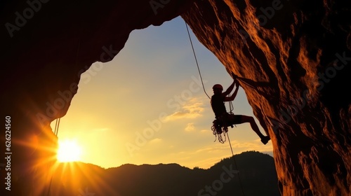 Silhouette of Athletic man climbs an overhanging rock. Generative AI