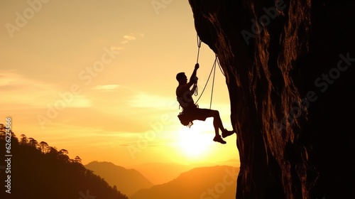 Silhouette of Athletic man climbs an overhanging rock. Generative AI