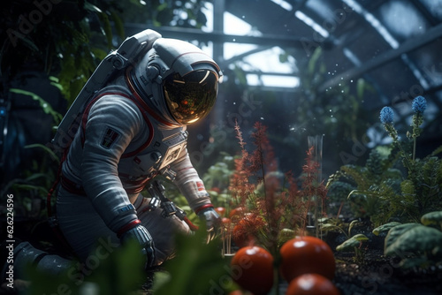 astronaut harvests plants grown in space from a greenhouse, self-sufficiency in a space station made with Generative AI