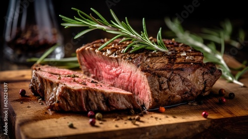 Sliced medium rare grilled steak on rustic cutting board with rosemary and spices. Generative AI