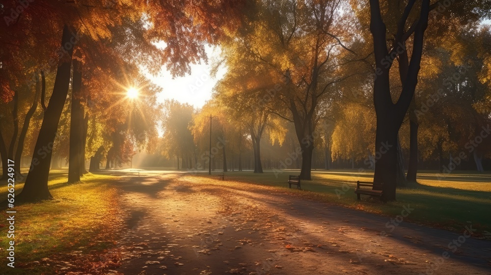 Sunny autumn scenery in a park, with the sun rays of light through the mist and golden trees. Generative AI