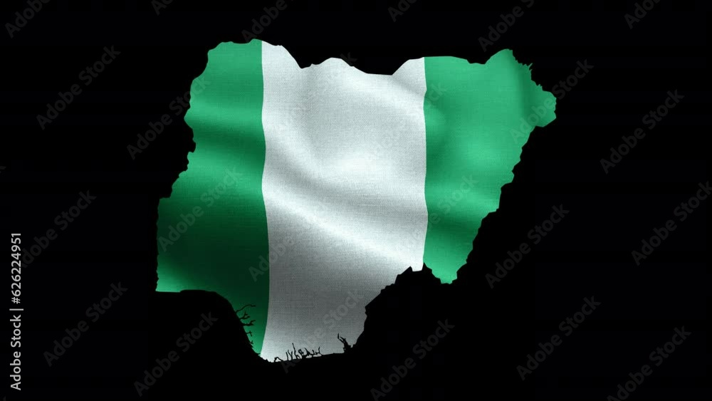 4K waving national flag of Nigeria on the map. Loop alpha channel seamless Nigerian flag on territory. Outline geographic country border of Niger stock video.