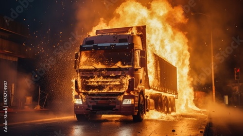 A semi truck burns out of control on the highway. Generative AI  
