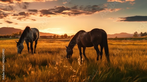 Two horses grazing on pasture during sunset. Generative AI