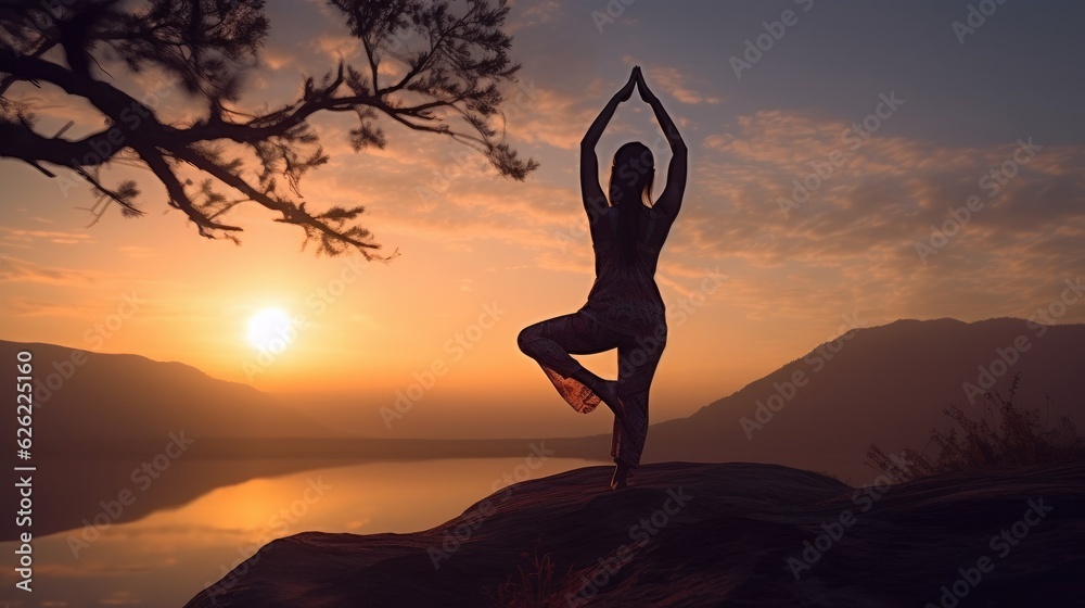 A woman doing yoga with a beautiful sunset