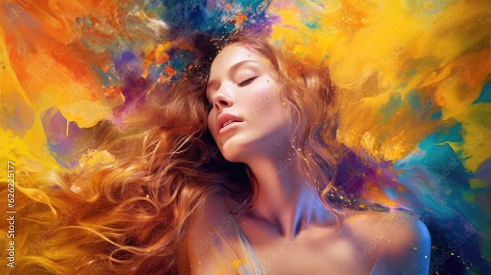 Woman portrait with colorful face powder . Generative AI	