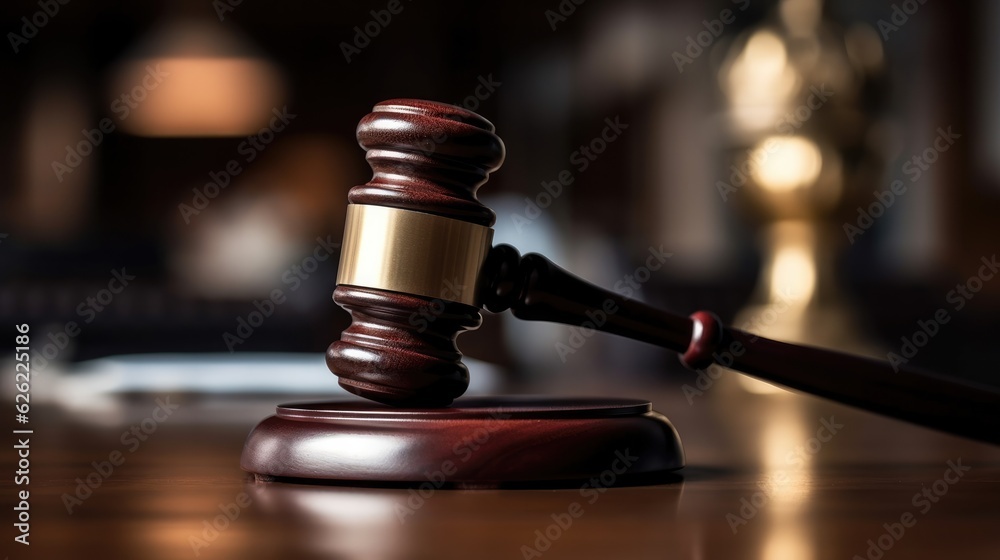 Wooden brown judge gavel on the table. Generative AI Wooden brown judge gavel on the table. Generative AI