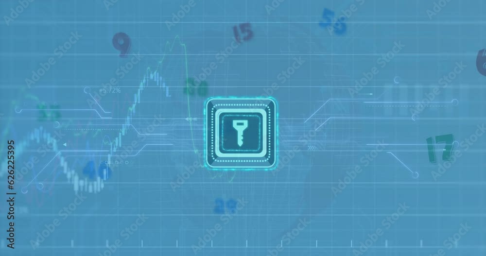 Animation of key in squares, multiple graphs with changing numbers, circuit board pattern on numbers Animation of key in squares, multiple graphs with changing numbers, circuit board pattern on numbers