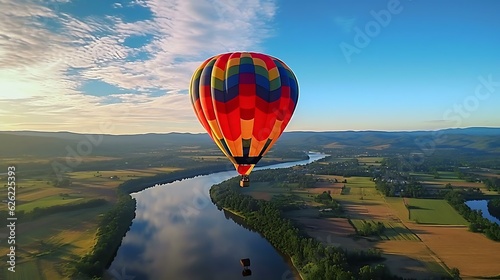 a hot air balloon over a river