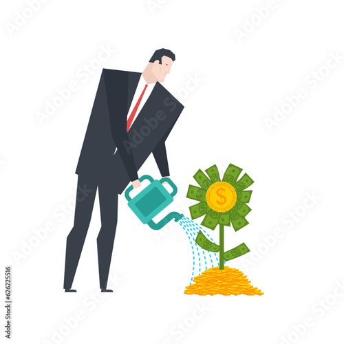 Businessman and Money flower. Man is watering Dollar plant. Dollar plant. Financial sprout concept