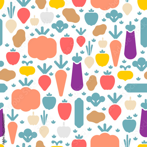 Vegetables pattern seamless. Vegetable set background. Eggplant and potatoes. Pumpkin and turnip. Radish and tomato. Garlic and carrot signs