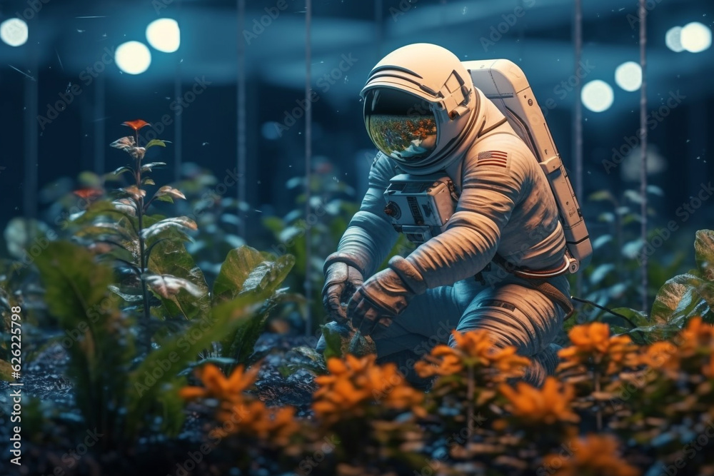 Astronaut harvests plants grown in space from a greenhouse self