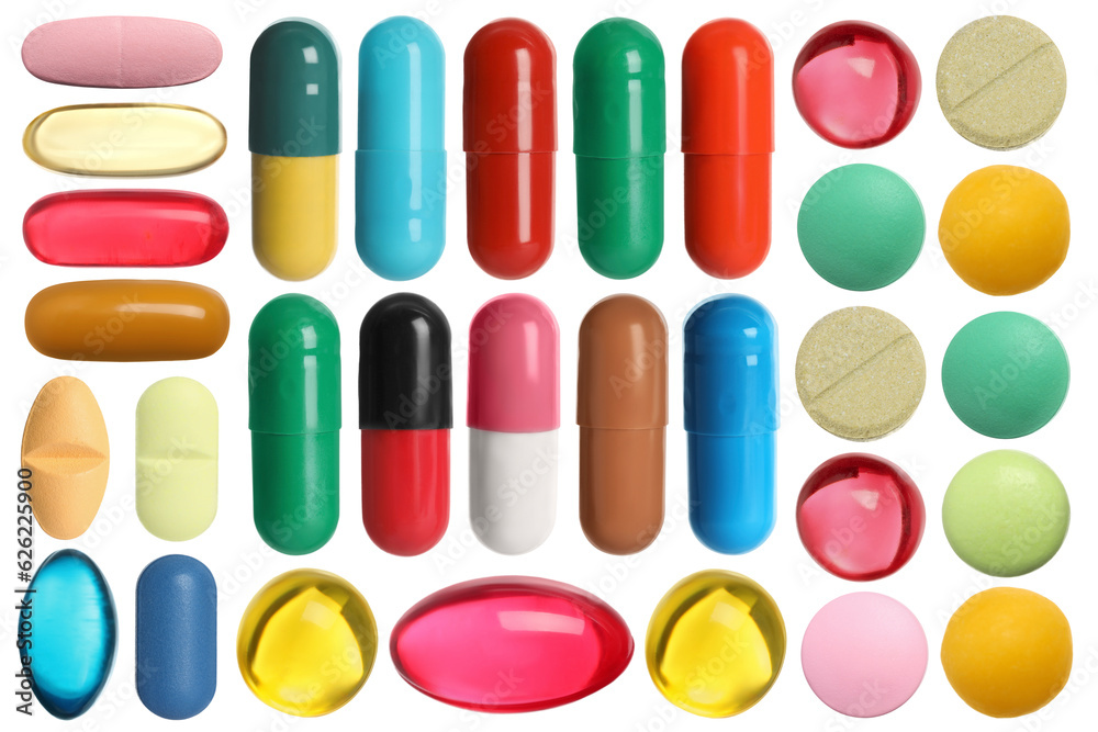 Set of different pills isolated on white Set of different pills isolated on white