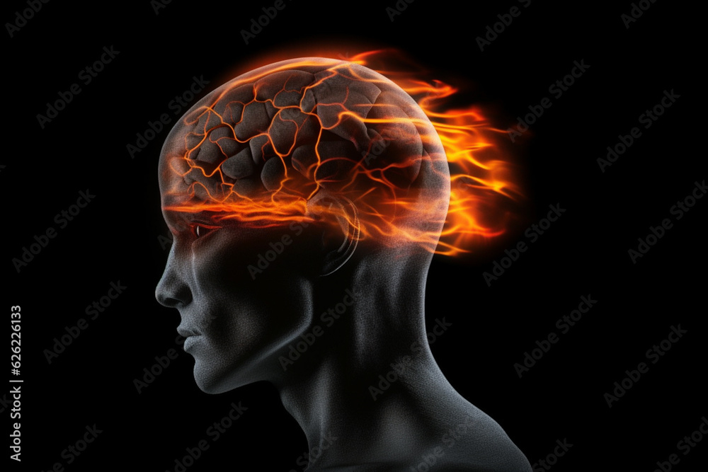 Illustration of a Glass Head with a Brain in Flames as a Symbol of Migraine or Headache AI generated Illustration of a Glass Head with a Brain in Flames as a Symbol of Migraine or Headache AI generated