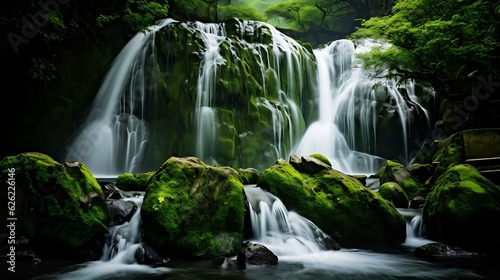 a waterfall with mossy rocks