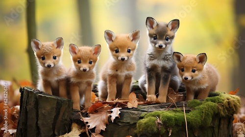 a group of foxes on a log photo