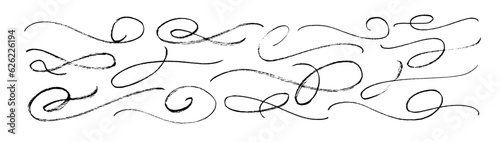 Hand drawn collection of curly swishes, swashes, swoops. Calligraphy thin swirl drawn with a brush. Pencil curly lines and squiggles. Vector sketch underlines, emphasis, curved lines set.