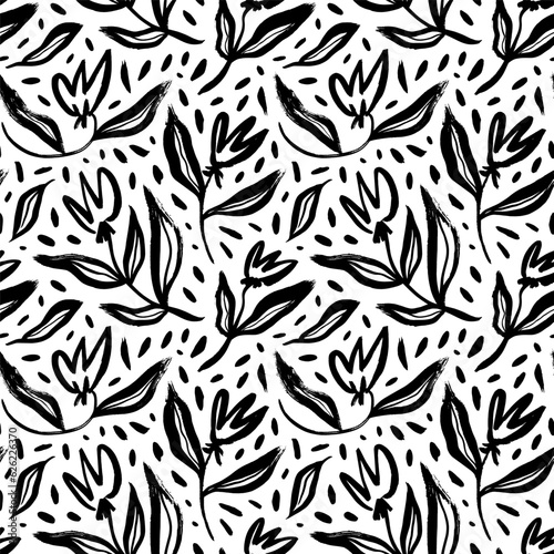 Abstract brush drawn tulip flowers with stems and dots. Seamless pattern with hand drawn floral motif. Folk and childish style drawing. Naive seamless floral naive pattern with tulips in doodle style.