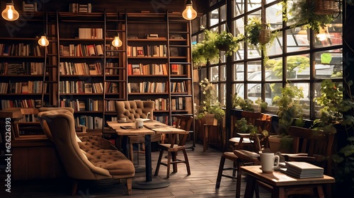 a room with a table chairs and bookshelves