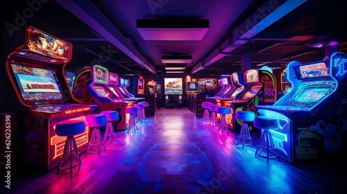 a room with colorful arcade games
