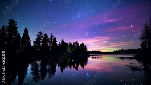 a lake with trees and a starry sky above © KWY