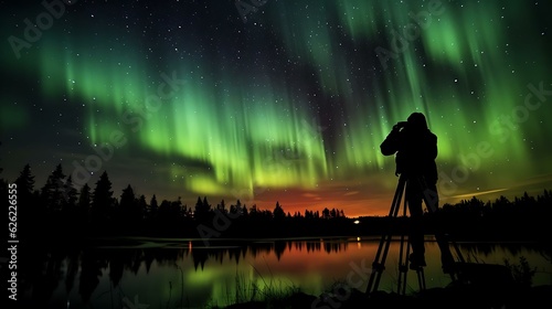 a person standing on a dock looking at the northern lights in the sky © KWY