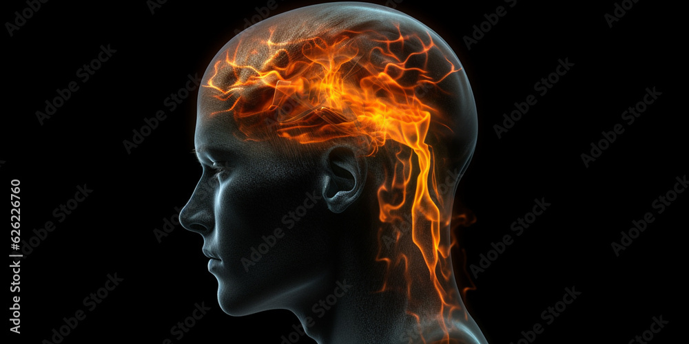 Illustration of a Glass Head with a Brain in Flames as a Symbol of Migraine or Headache AI generated Illustration of a Glass Head with a Brain in Flames as a Symbol of Migraine or Headache AI generated