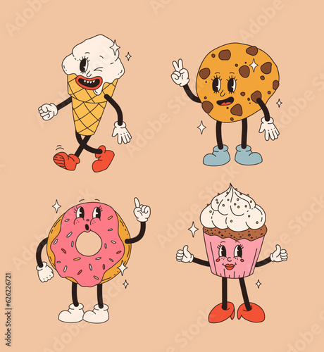 Retro dessert character. Cute cartoon mascot sweets, smile walking sweet food, funny face ice cream, vintage cupcake, donut and wafer, bakery characters vector set.