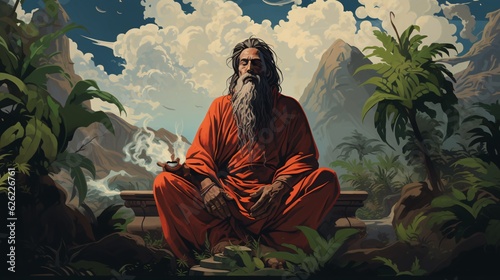 Sage Saint Rishi image illustration. Lotus pose. St Rishi in Hindu.. photo