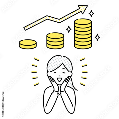 投資や貯金でお金が増えるイメージと喜ぶ女性のベクターイラスト