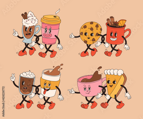 Collection cute cartoon characters of coffee takeaway and pastries donut, chocolate chip cookie, ice cream and cupcake. Vector illustration. Isolated desserts food and drink in retro nostalgic style