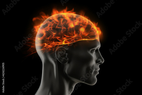 Illustration of a Glass Head with a Brain in Flames as a Symbol of Migraine or Headache AI generated