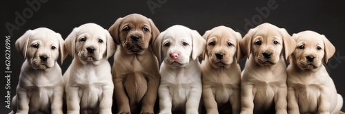 Many colored labrador puppies looking at camera on black background