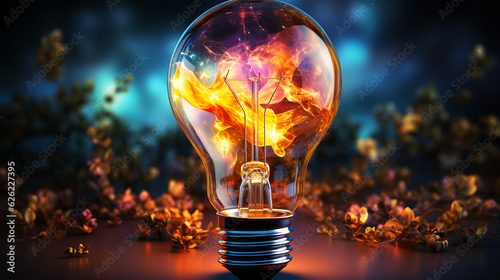 Burst of Brilliance: A Glowing Neon Light Bulb Symbolizes the Birth of Innovative Ideas - obrazy, fototapety, plakaty 
