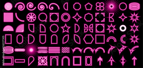 Neon geometric shapes, grids, abstract elements. Contemporary star formation, spiral flower, primitive components. Embracing the aesthetics of Swiss design, Bauhaus, Memphis design. SSTKbold. photo
