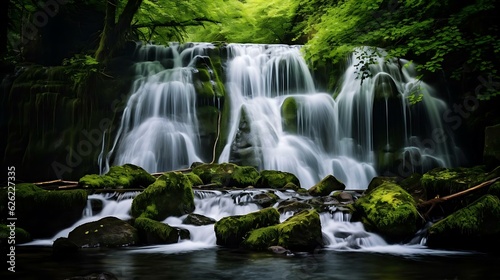 a waterfall with mossy rocks