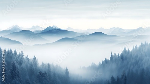 a snowy forest with mountains in the background © KWY